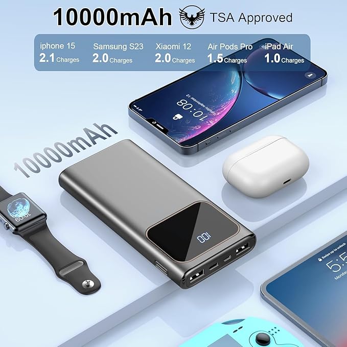 Power Bank, 10000mAh Portable Charger with PD 5A/3W Fast Charging, USB C in&out External Battery Pack, Portable Cell Phone Charger for iPhone 16 15 14 13 /ProMax/Pro/Plus Samsung S23 S22 Android Phone