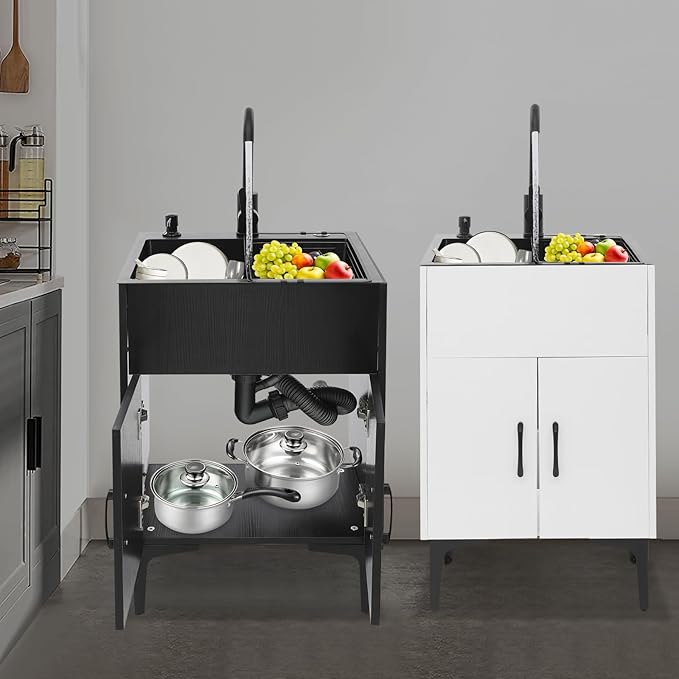 20-Inch Laundry Sink with Cabinet & 360° Swivel Hot/Cold Faucet, Freestanding Kitchen Sink Cabinet with Stainless Steel Sink & Drain Basket, Black Cabinet with Sink for Laundry&Utility Room