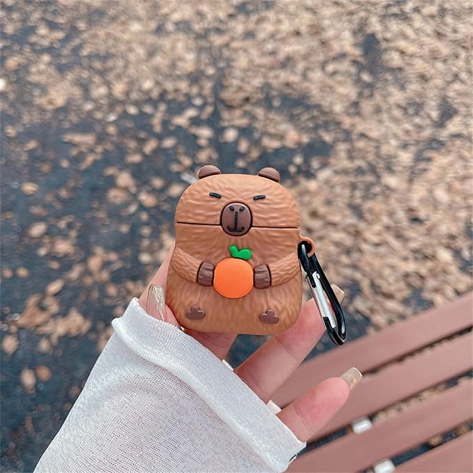 Case Compatible with Airpods 1 & 2, Cute Kawaii Capybara Design Earbuds Cover, Kids Boys Girls Portable Accessories Soft Silicone Wireless Earphone Shockproof Protector for Gifts Brown