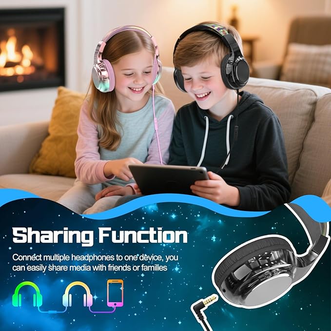 QearFun Kids Headphones Wired with Mic, 85/94dB Safe Volume Limit, Foldable Over Ear, Tangle-Free Cord & Sharing Port, Wired On-Ear Headset for School, Chromebook, Tablet, Travel - Boys & Girls