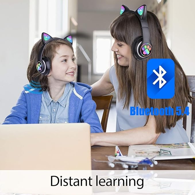 TCJJ Bluetooth 6.0 Cat Ear Kids Headphones for Girls, LED Light Up, 85dB Safe Volume Limit, Stereo Sound Toddler Foldable Wireless & 3.5mm Wired Headset with Mic for School, Tablet, Travel