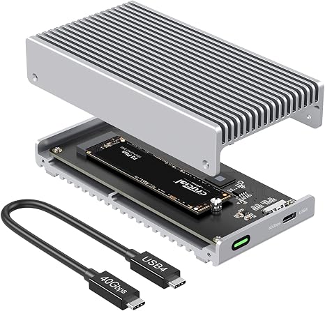 Qwiizlab Fanless 40Gbps USB4 SSD Enclosure with Aluminum Chasiss, Compatible with Thunderbolt 5/4/3. Supports PCIe M.2 NVMe up to 8TB, Silver (SSD Not Included)