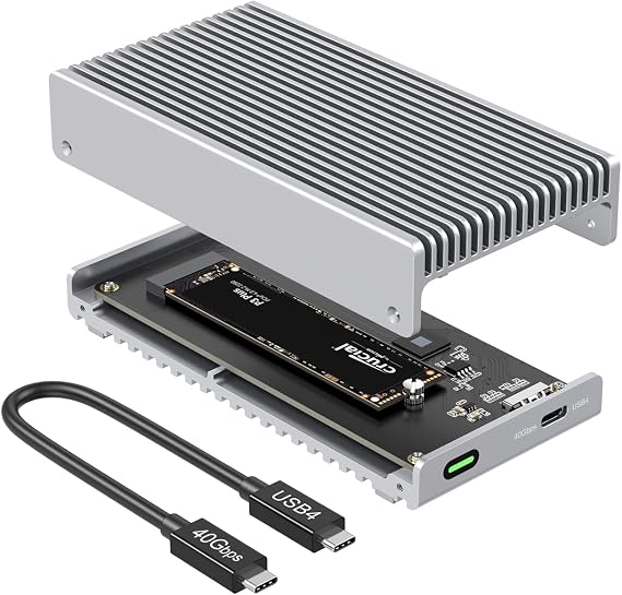 Qwiizlab Fanless 40Gbps USB4 SSD Enclosure with Aluminum Chasiss, Compatible with Thunderbolt 5/4/3. Supports PCIe M.2 NVMe up to 8TB, Silver (SSD Not Included)