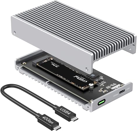 Qwiizlab Fanless 40Gbps USB4 SSD Enclosure with Aluminum Chasiss, Compatible with Thunderbolt 5/4/3. Supports PCIe M.2 NVMe up to 8TB, Silver (SSD Not Included)