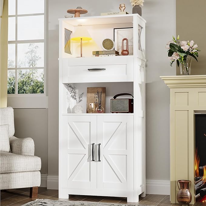 55" Tall Kitchen Pantry Cabient with 2 Microwave Stands, Farmhouse Pantry Storage Cabinet with Barn Doors and Large Drawer, Rustic Freestanding Cupboard for Kitchen and Dining Room (White)