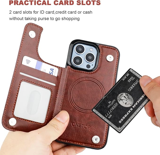 ONETOP Compatible with Magsafe for iPhone 13 Pro Wallet Case with Card Holder, PU Leather Kickstand RFID Blocking Case, Double Magnetic Clasp and Durable Shockproof Cover 6.1 Inch (Brown)