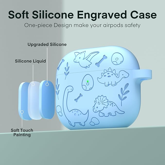 Maxjoy for AirPods 4 Case, Engraved Silicone Cute AirPod 4 Case for Women Men Protective iPod 4 Cover with Keychain Cleaning Kit for AirPod 4th Generation Cover 2024, Dinosaur Blue
