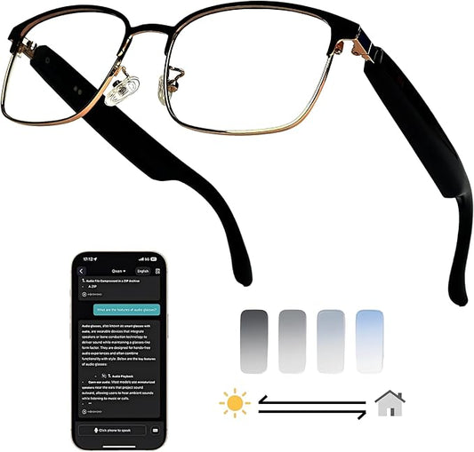 AI Smart Wireless Bluetooth Translation Glasses for Men/Women with Speakers/Bluetooth&140+ Languages Translation Sports/Travel/Drive/Busniess (G6+AI+Color Change Lenses+Silver)