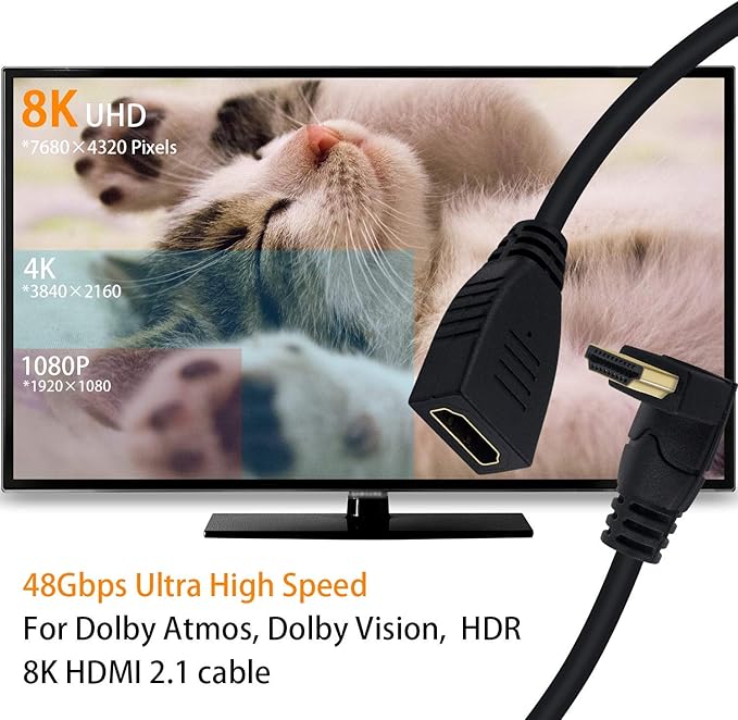 Poyiccot 8K HDMI Extension Cable, Short HDMI 90 Degree Male to Female HDMI 2.1 Cable 48Gbps with 8K 60Hz Video and 3D HDR for TV/Xbox /PS4 /PS5 (Up Angle), 0.5feet