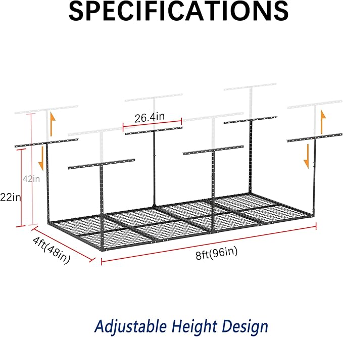 4 x 8 FT Overhead Garage Storage Rack, Adjustable Ceiling Storage Racks, Garage Shelving Heavy-duty Storage Organizer System, Load 700LBS Weight(Black)