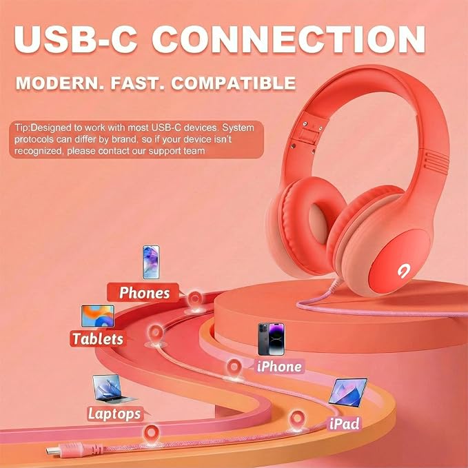 Wired Kids Headphones with USB C Plug, 85dB Safe Volume, Adjustable Headband, Tangle-Free Cord Headphones for School, Tablet, Travel (Coral Red & Soft Peach, Without Microphone)
