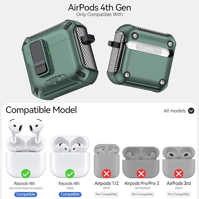 for AirPods 4 Case (2024) with Phone Stand,（with Automatic Snap Switch） Carbon Fiber Design Protection Cover with Cleaning Pen,Light Green