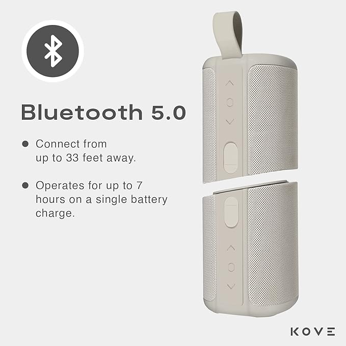KOVE Commuter 2 Portable Speaker - Stone Bluetooth Speakers, Wireless with HD Louder Volume, Deep Bass Subwoofer, Microphone, IPX7 Water Resistant - Perfect Boom Box for Home, Outdoor or Travel