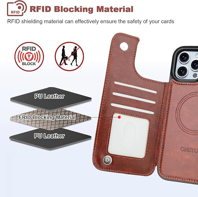 ONETOP Compatible with Magsafe for iPhone 13 Pro Max Wallet Case with Card Holder, PU Leather Kickstand RFID Blocking Case, Double Magnetic Clasp and Durable Shockproof Cover 6.7 Inch (Brown)