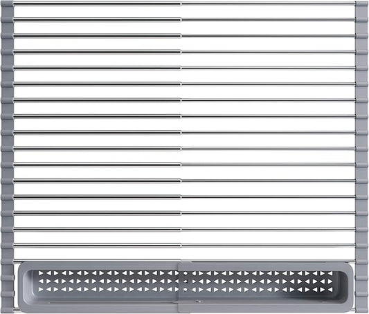 JASIWAY Over The Sink Dish Drying Rack for Kitchen, Expandable (12.8"-23.8" D x 15.5" W) Roll Up Dish Drainer with The Function of Fordable, Rust Proof, Large Sink Cover with Removable Utensil Holder