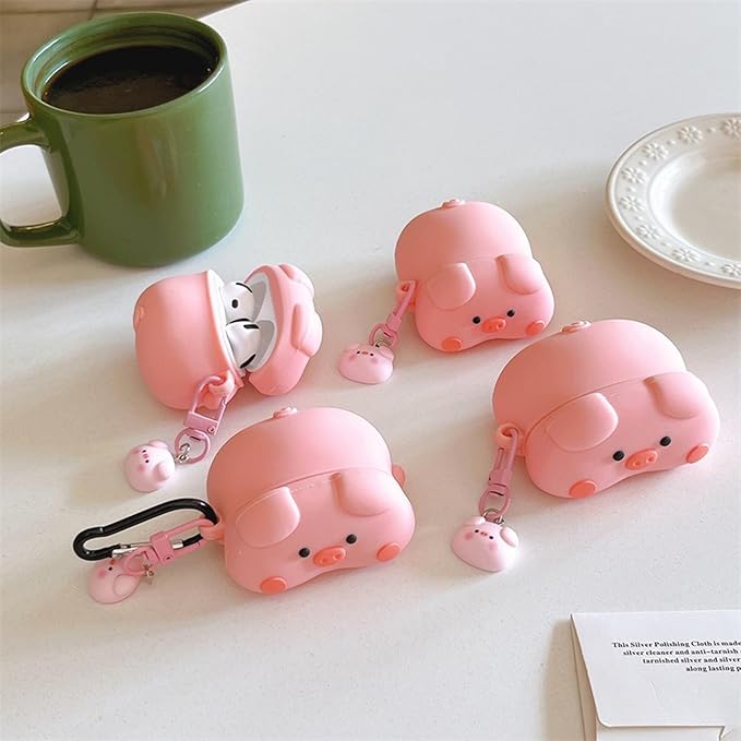 Case Compatible with 2024 Airpods 4, 3D Cute Kawaii Pig Design Earbuds Cover, Pink Lying Piggy Portable Accessories Soft Silicone Wireless Earphone Shockproof Protector with Pendant