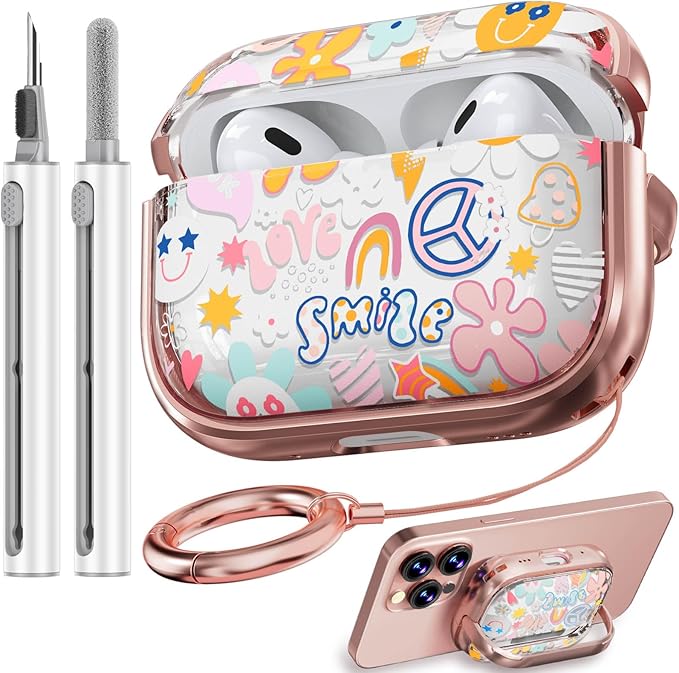 Inesore for AirPods Pro 2nd Generation Case Cover with Lock, Flowers Cute Clear Air Pods Pro 2 Case Hard iPod Pro Cases for Women Girls with Cleaner Kit (2023 USB-C /2022/2019) - Smile Doodle