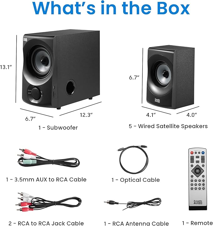 Acoustic Audio AA5172 700W Bluetooth Home Theater 5.1 Speaker System with FM Tuner, USB, SD Card, Remote Control, Powered Sub (6 Speakers, 5.1 Channels, Black with Gray)