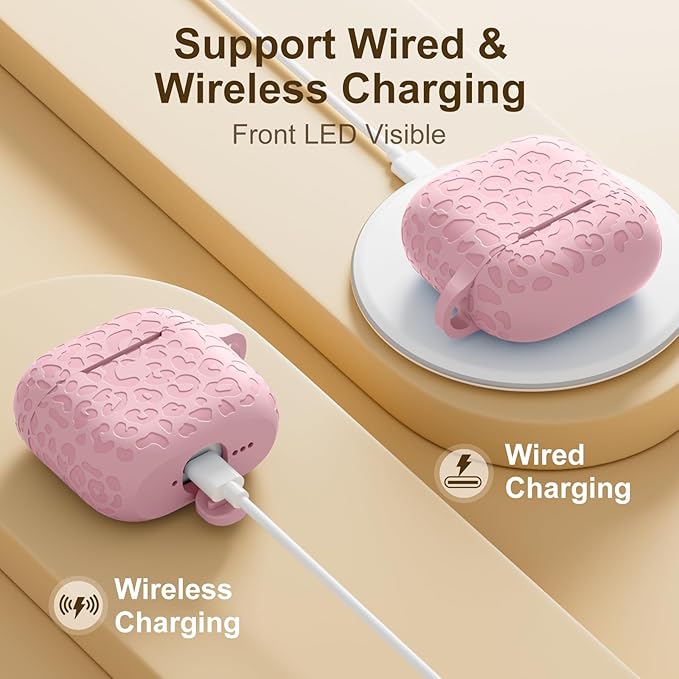 Leopard Engraved Compatible with AirPods 4 Case Cover 2024,Soft Silicone Protective Case for Apple AirPods 4th Generation Case for Women,Cute AirPod 4 Case Accessories with Keychain (Lightpink)