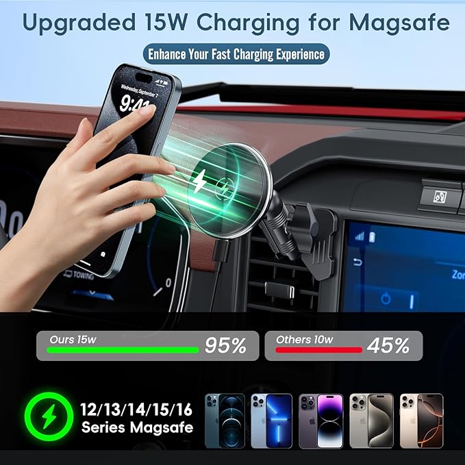 Kaishengyuan Wireless Charger Magnetic Vent Phone Mount Compatible with 2021-2025 Ford F-150, 2023-2025 Super Duty F250/F350/F450, Metal Phone Holder Cradles Bracket Stand for All Smartphone