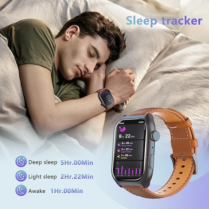 YMS Android Smart Watch for Women - Bluetooth Call,Compatible with Android & iOS，2.0" HD Screen, Heart Rate/Sleep/Step Tracker, 100+ Sports Modes,IP68 Waterproof Men Fitness Tracker (Brown(Leather))