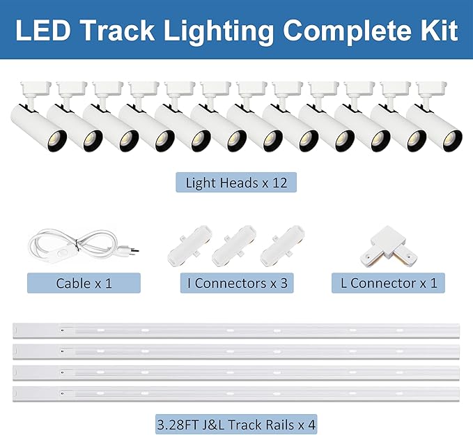 J&L Type Dimmable LED Track Lighting Kit 3000K Warm White 12-Light 25W 2700lm Track Lighting System with 13 FT Rail, Kitchen Focus Art Bright Ceiling Spotlight Fixture, No Flicker
