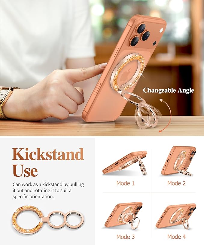 GVIEWIN Magnetic Phone Ring Holder, Compatible with MagSafe Phone Grip with Adjustable Stand, Magnet Phone Ring Kickstand for iPhone 17/16/15/14/13/12 Pro Max Plus Air/Other Phones (Glitter/Orange)
