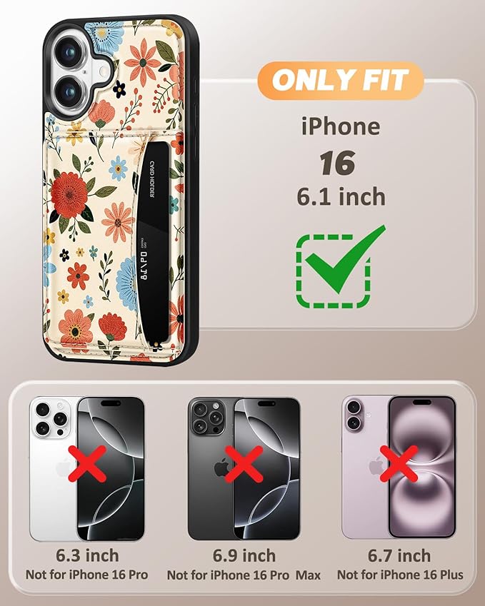 for iPhone 16 Wallet Case - Fits 4 Card Slots, Compatible with MagSafe for Women Aesthetic Durable PU Leather Credit Card Holder Kickstand Phone Cover for Apple 16, Beige Flower