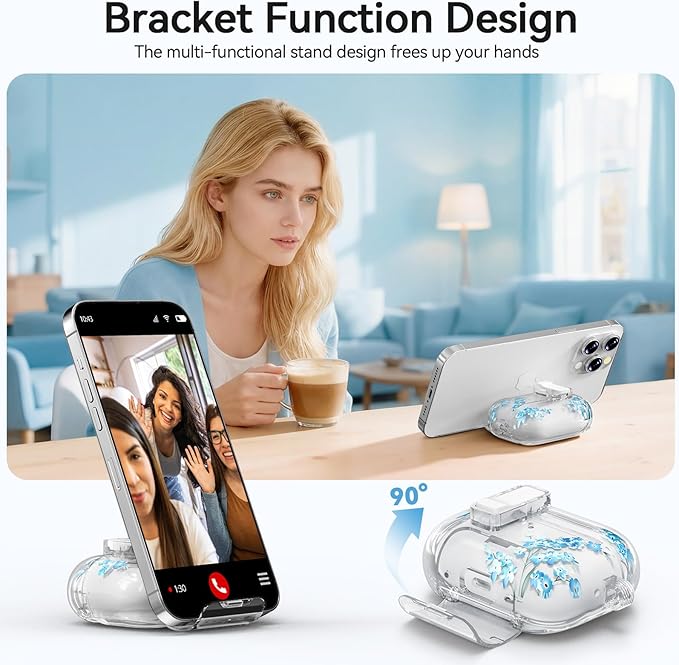 for AirPods Pro 2 Case Cute with Lock, Soft Clear Floral Case Cover for Apple AirPods Pro 2nd/1st Generation for Women Girly with Keychain Ring, with Phone Stand & Cleaning Kit -Blue Flower