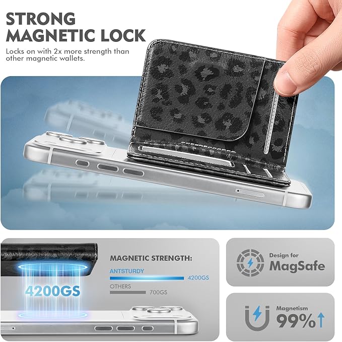 Antsturdy for Magsafe Wallet Stand with Holder,PU Leather RFID Blocking Card Holder,5 Card Slots,Strong Magnet Minimalist Flip Kickstand for iPhone 17/16/15/14/13/12/Pro/Max/Plus/Air,Leopard-Black