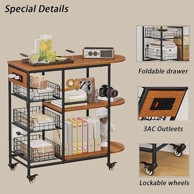 LINZINAR Kitchen Bakers Rack with Power Outlet Coffee Bar Table 3 Tiers Microwave Oven Stand with Wheels Pull-Out Wire Basket Kitchen Storage Shelf Rack for Spices Pots and Pans (Redbrown, 3Tier)