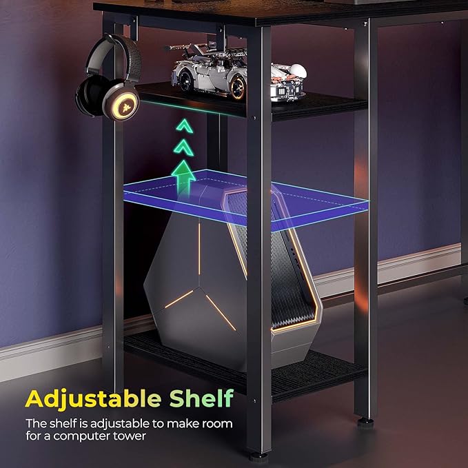 Rolanstar L Shaped Gaming Desk with LED Lights & Power Outlets, 46.2" Computer Desk with Full Monitor Stand & Storage Shelf, Corner Desk with Hooks, Black Desk Reversible