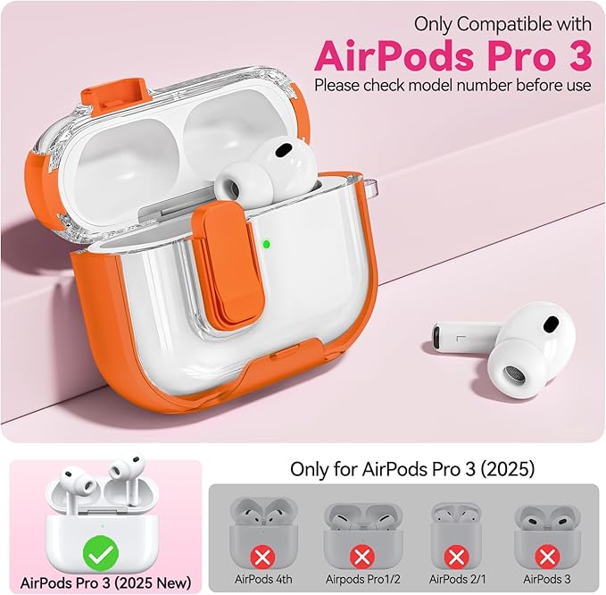 for Airpods Pro 3 Case 2025, Anti-Yellowing Clear Case for Airpods Pro 3 with Secure Lock & Phone Stand, Soft TPU Drop Protection Cover with Cleaning Kit (Orange)