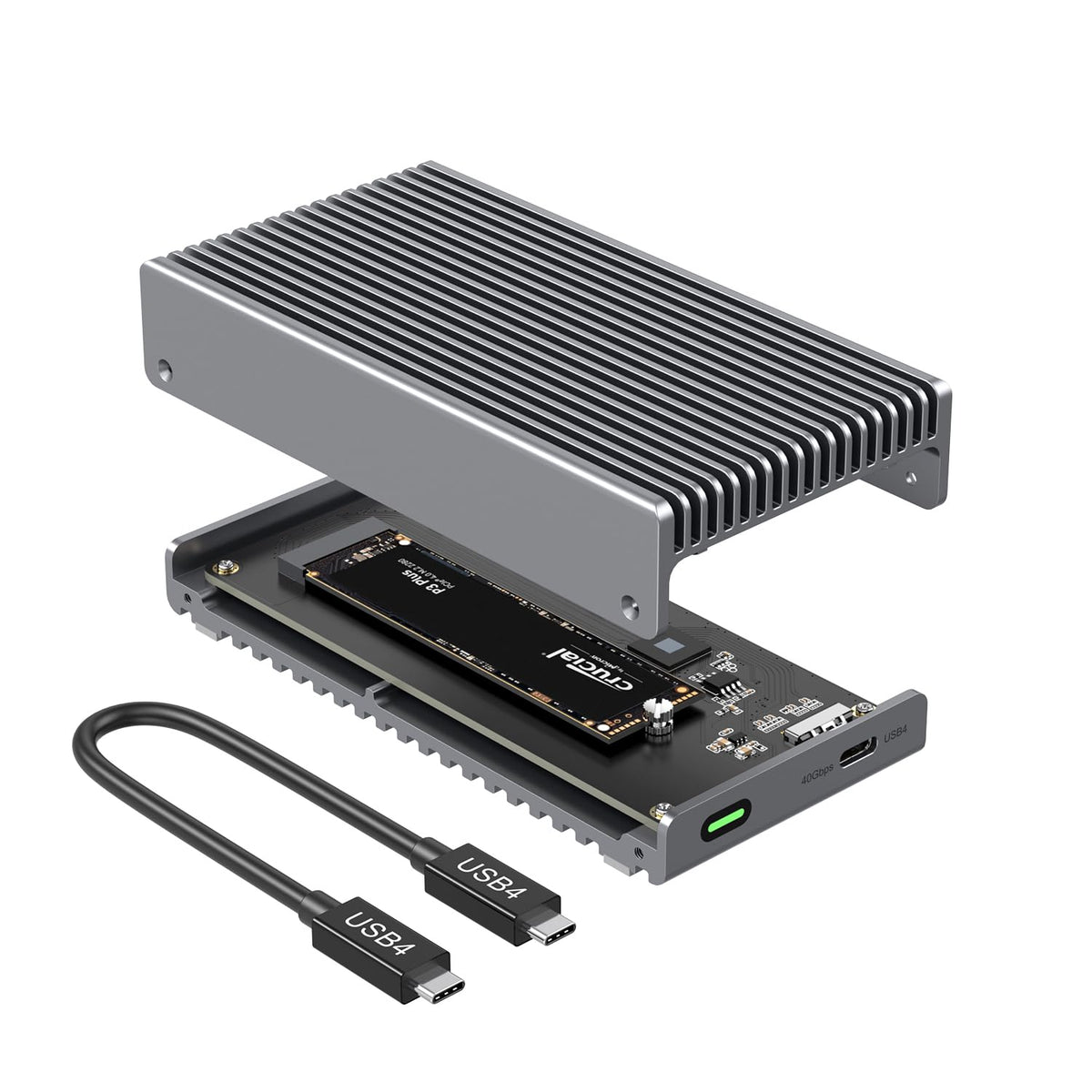 Qwiizlab Fanless 40Gbps USB4 SSD Enclosure with Aluminum Chasiss, Compatible with Thunderbolt 5/4/3. Supports PCIe M.2 NVMe up to 8TB, Gray (SSD Not Included)
