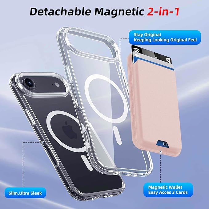 Magnetic for iPhone Air Case & iPhone 17 Air Case Clear with Pink Detachable Wallet, Compatible with MagSafe, Military Protective Slim Phone Cover with Card Holder