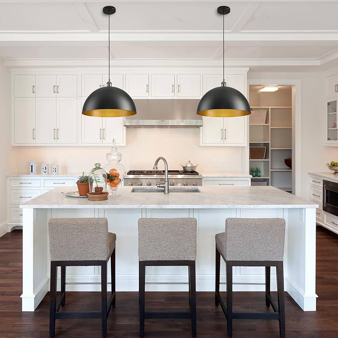 Black Dome Pendant Lights Kitchen Island, 17.72 Inch Black and Gold Pendant Light, Large Vintage Industrial Metal Farmhouse Pendant Light Fixture for Kitchen Island, Dining Room, Cafe, Bar, 2 Pack