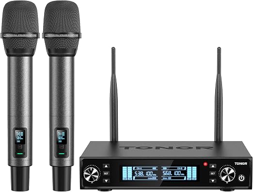 TONOR Wireless Microphones, UHF Rechargeable Cordless Karaoke Mics with Box Receiver, 2x100 Channel Dynamic Microfonos Inalambricos Professional with Adjustable Volume, Quick Mute, 80 m/262ft TW550