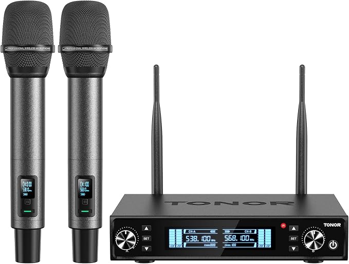 TONOR Wireless Microphones, UHF Rechargeable Cordless Karaoke Mics with Box Receiver, 2x100 Channel Dynamic Microfonos Inalambricos Professional with Adjustable Volume, Quick Mute, 80 m/262ft TW550