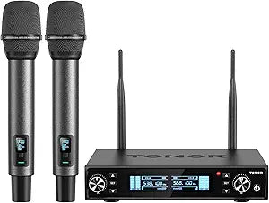 TONOR Wireless Microphones, UHF Rechargeable Cordless Karaoke Mics with Box Receiver, 2x100 Channel Dynamic Microfonos Inalambricos Professional with Adjustable Volume, Quick Mute, 80 m/262ft TW550
