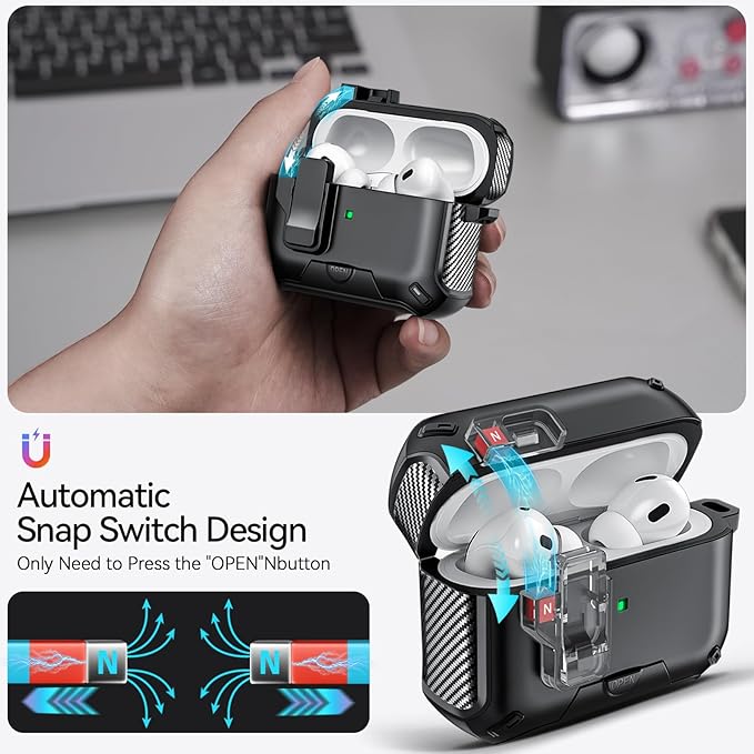 for AirPods Pro 2nd/1st Case (2023/2022/2019) with Phone Stand,（with Automatic Snap Switch） Carbon Fiber Design Protection Cover with Cleaning Pen,Black