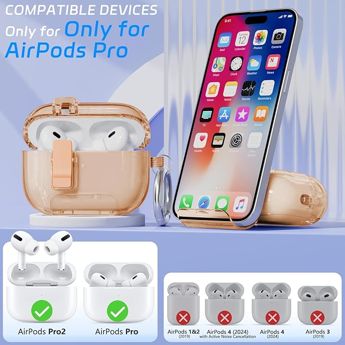 for AirPods Pro 2 Case with Phone Stand & Secure Lock, Auto-Open Clear Cover Compatible with Apple AirPods Pro 2nd/1st Gen (2023,2022,2019) with Cleaning Kit & Keychain (Khaki)