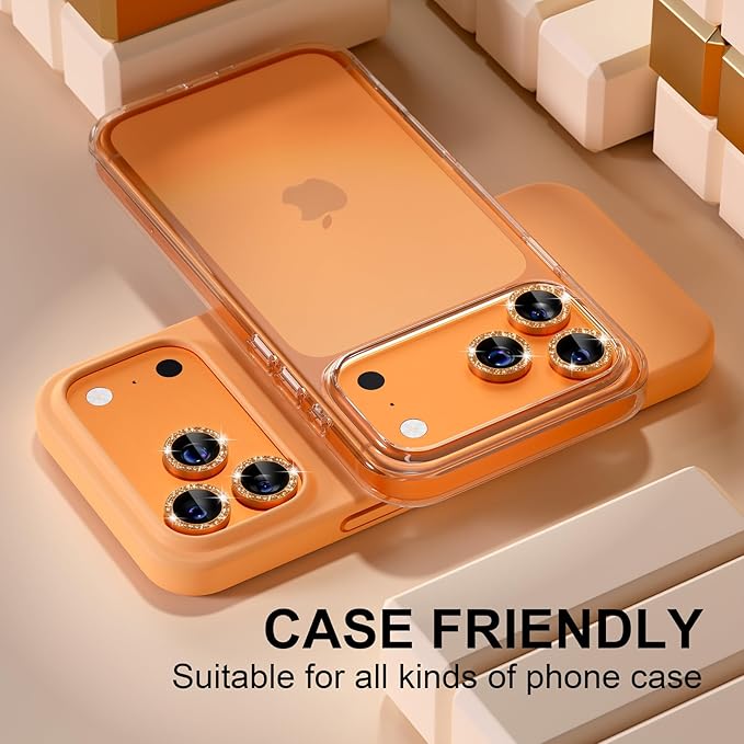 Misea Compatible for iPhone 17 Pro/iPhone 17 Pro Max Camera Lens Protector Bling, 9H Tempered Glass Camera Cover Screen Protector Metal Individual Ring Decoration Accessories, Orange Glitter