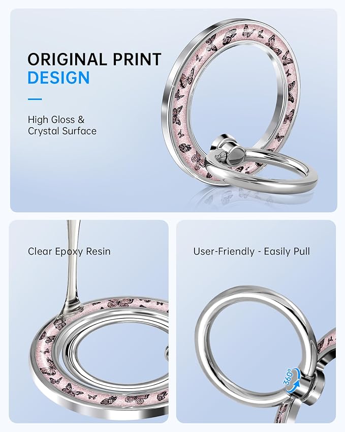 Magnetic Phone Ring Holder Compatible with MagSafe - Cell Phone Grip Magnet Removable Finger Ring Grip Stand Cute Girly Kawaii Design for iPhone 17 Pro Max 16 15 14 13 12 Series Butterfly