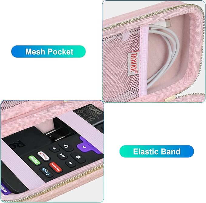 BOVKE Hard Case for Roku Voice Remote Controller, Roku Streaming Stick+ / 4K, Roku Remote Case for Roku TV Steaming Stick 3820R/ 3821R/3941R, Extra Mesh Pocket for Adapters, Cables, Pink Star