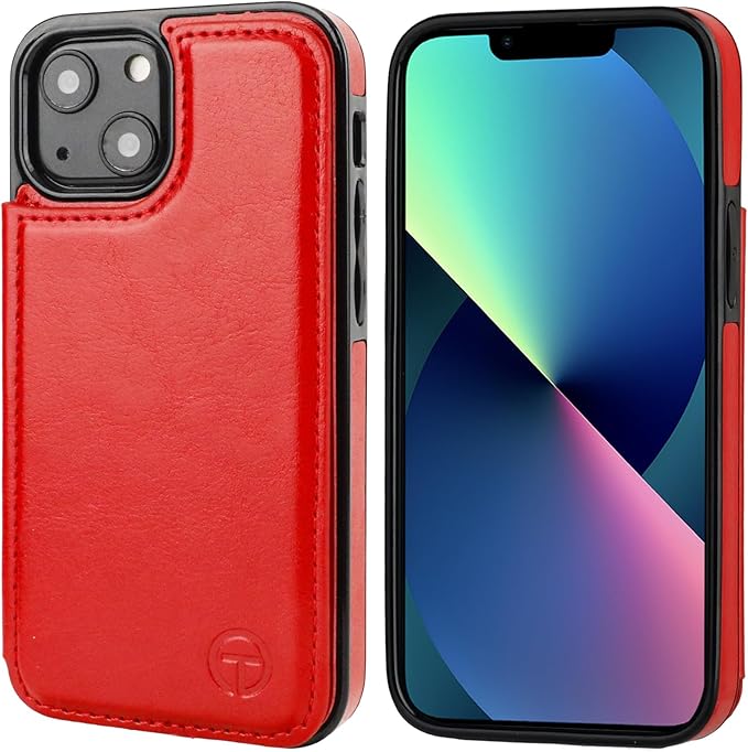 ONETOP Compatible with Magsafe for iPhone 13 Mini Wallet Case with Card Holder, PU Leather Kickstand RFID Blocking Case, Double Magnetic Clasp and Durable Shockproof Cover 5.4 Inch (Red)