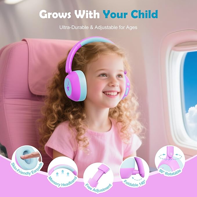 Steellumen Nova1Star Active Noise Cancelling Headphones for Kids, 70H Play Time,Bluetooth6.0,3-Level Volume 75/85/94dB,ANC Safe Wireless Listen, Fast Charging,with Mic,for School,Travel & Airplane