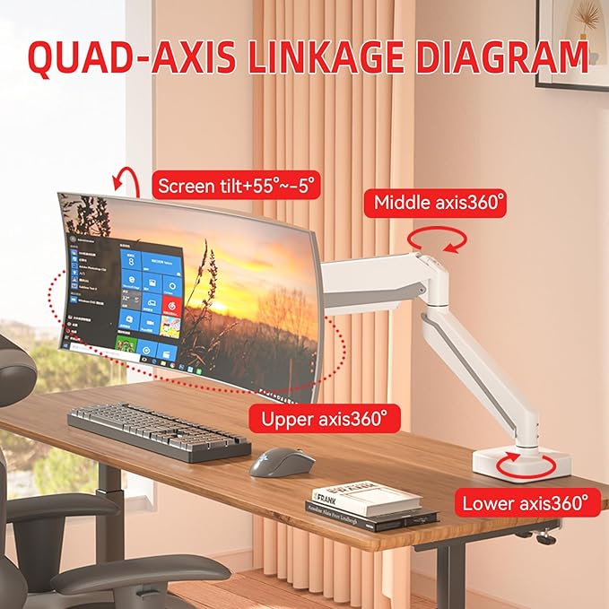 White 42 45 Premium Aluminum Heavy Duty Monitor Arm, Fits Ultrawide up to 49 inches and 44 lbs Single Desk Mount Stand, Pneumatic Height Adjustable, Max VESA 100x100, A9W