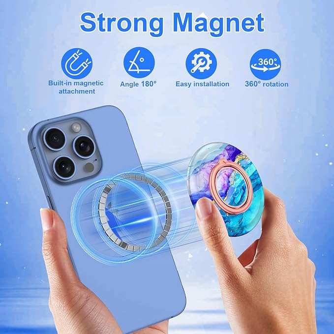 Magnetic Phone Ring Holder for MagSafe Grip,[Super Magnet],Stylish 360° Rotation Cell Phone Grip Stand Finger Ring Kickstand for iPhone 17 16 15 14 Pro Max,iPad and Smartphones,Blue