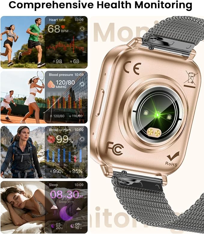 Smart Watch for Women, 1.83" HD Touch Screen Smartwatch, 1000mAh Battery, Bluetooth Calling, Heart Rate, SpO2, Sleep Monitor, 120+ Sports, IP68 Waterproof, 2 Bands Compatible iPhone Android, BlackGold
