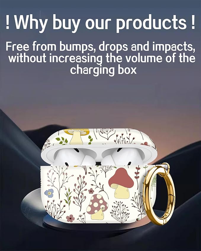 Compatible with Airpod pro 2nd/1st Generation Case Cover with Gold Round Keychain Cute Pattern Hard & Anti Slip Cover for Men Women & Girls(Boho Mushroom)